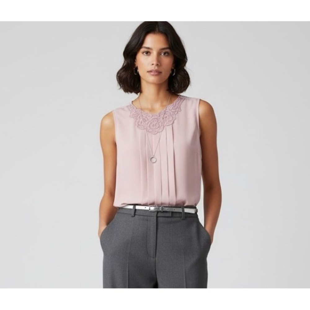 Karl‎ Lagerfeld Women's 1XPink Lace Trim Pleated Sleeveless Blouse Quiet Luxury